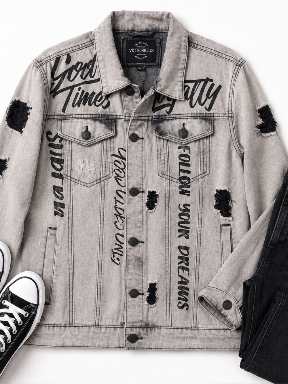 Victorious Gray Distressed Graphic Denim Jacket NWT Men’s Medium